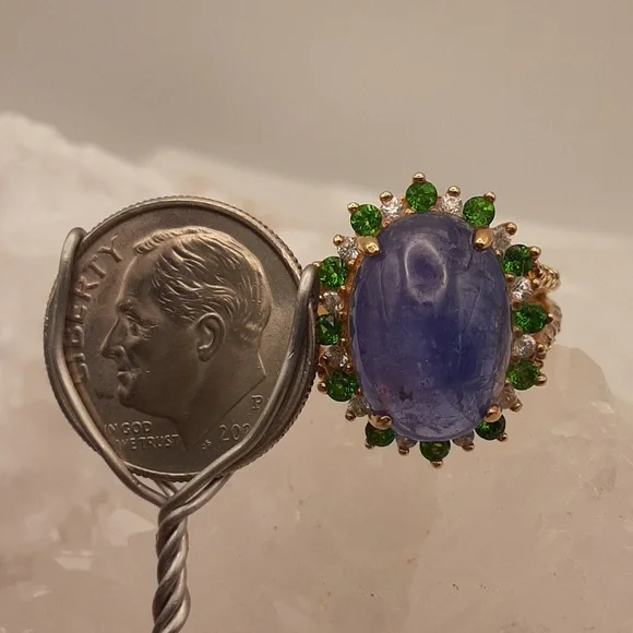 925 Genuine Tanzanite, Chrome Diopside And White Zircon. Yellow Gold Over 925.